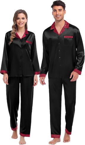 SWOMOG Couples Pajama Sets Men & Women Satin Long Sleeve Sleepwear Silky Classic Button Down Soft Loungewear Pjs Set Women Pure Red Small in Saudi Arabia