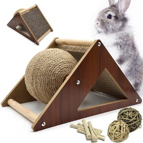 Rabbit Scratching Pad Cardboard, Natural Sisal Bunny Scratch Ball 2-in-1 Rabbits Enrichment Toys Pet Scratcher Interactive Toy for Indoor Bunnies Ferrets Chinchillas Small Animals