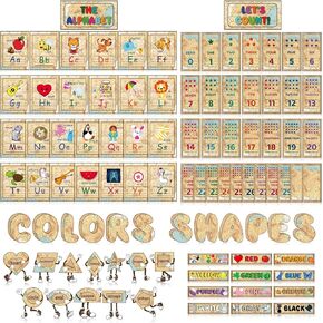 96 Pieces Toddler Educational Preschool Posters Alphabet Bulletin Board for Classroom Wall Decor Number Letters Colors and Shapes Cutouts Kids Early Learning Poster Cards (Vivid Style)