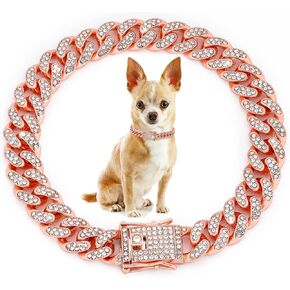 10inch Glitter Dog Chain Collar Rose Gold Silver Diamond Dog Collars Cuban Girl Dog Chains Necklace Puppy Pet Metal Link Chain with Buckle Pet Jewelry Accessories Chain for Small Medium Dogs Cats