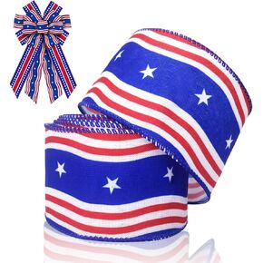 Patrotic Fabric Ribbons Labor Day Decor Ribbon Patriotic Spots Stars Edge Wired Burlap Linen Ribbons for Veterans Day Independence Day Gift Wrapping Party Decoration Crafts Supplies 10 Yards