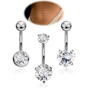 REVOLIA 3Pcs 14G F136 Titanium Belly Button Rings for Women Hypoallergenic Cubic Zirconia Navel Rings Heart Belly Rings Sliver Pretty Belly Piercing Barbells 6-16mm