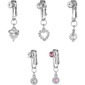 LIU JUN Fake Belly Button Piercing For Women, 5pcs Silver Clip In Belly Button Ring Cubic Zirconia Heart Short Dangle Statement Jewelry Gift