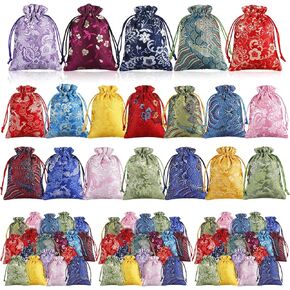 60 Pcs Chinese Silk Jewelry Pouch Bag Drawstring Coin Purse Embroidered Small Purse Organizer Gift Pouch Colors Value Set
