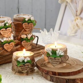 Lallisa 12 Pcs Wedding Wood Tealight Candle Holder with 12 Candle and Heart Tag Bridal Shower Tealight Holder Thank You Gifts Wooden Cylinder Candle Holders for Table Centerpiece Wedding Party Favors