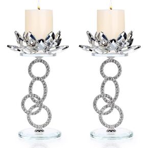 OwnMy Set of 2 Crystal Lotus Flower Candlestick Holders Metal Glass Lotus Pillar Candle Holders, Silver Crystal Lotus Votive Candlesticks Tealight Candle Stands for Wedding Table Centerpiece, 6.1" H