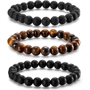 Mens Beaded Bracelets 8mm Tiger Eye Bracelet Natural Stone Mens Bracelet Adjustable Stretch Lava Rock Bracelets Set Black Crystal Beaded Bracelets for Men Teen Boys Gifts 4PCS