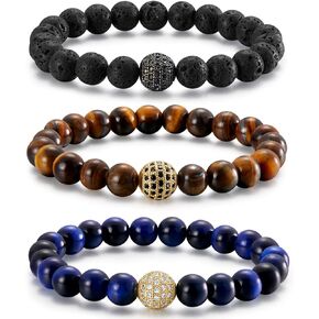 Mens Beaded Bracelets 8mm Tiger Eye Bracelet Natural Stone Mens Bracelet Adjustable Stretch Lava Rock Bracelets Set Black Crystal Beaded Bracelets for Men Teen Boys Gifts 4PCS