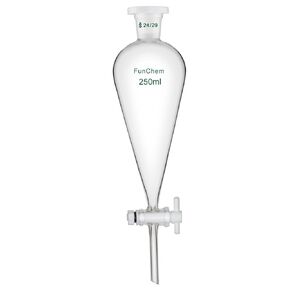 Conical Separatory Funnel 250 mL with 24/29 Joints and PTFE Stopcock, Borosilicate Glass Separating Funnel Heavy Wall Design