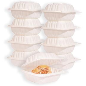 MULMEHË Mineral Filled Polypropylene Plastic Hinged Take Out Food Containers, 6x6x3, Vented Single Compartment, Natural White, 50 Pack