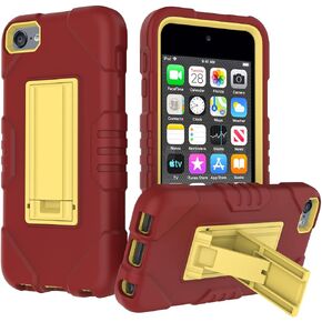 iPod Touch 7 Case for Kids,Kickstand Case for iPod Touch,Anti-Scratch Anti-Fingerprint Heavy Duty Protection Shockproof Rugged Cover Apple iPod Touch 2019-Wine/Gold