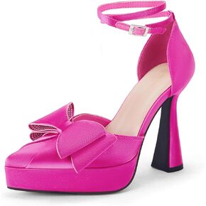 Coutgo Womens Platform Chunky High Heels Satin Bow Rhinestone Pointed Toe Ankle Strap Sexy Party Prom Dress Pumps