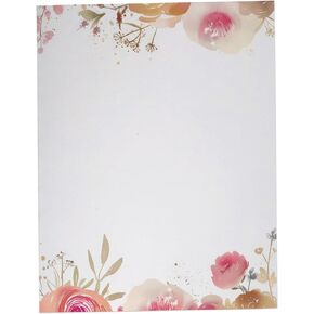 Pink & Gold Roses Floral Stationary Paper - 60 Sheets Pretty Letter Paper for Inkjet/Laser Printers
