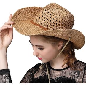 Straw Cowboy Hat Wide Brim Sun Hat Cowgirl Summer Panama Hat with Chin Strap Men Women Sombrero Western Beach Shapeable Hat