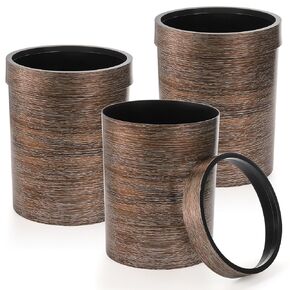3 Pack Vintage Small Trash Can, 1.7 Gallon Plastic Round Wastebasket, Hipsteen Retro Style Garbage Can, Wood Grain Garbage Bin with Top Ring to Fix Bag for Home Kitchen Office Bathroom