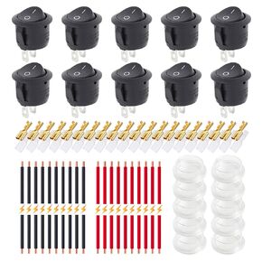 On/Off Round Rocker Switches, Ampper 2 Pin 12V DC & 250V/125V AC 20MM Round SPST Toggle Switch with Wires, Terminals and Cover (Pack of 10)
