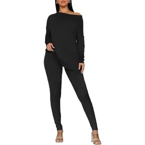 Ekaliy Sexy 2 Piece Outfit for Women-One Shoulder Loose Top Bodycon Pants Lounge Set Fall Tracksuit