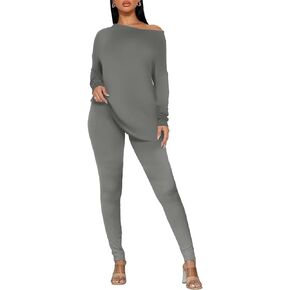 Ekaliy Sexy 2 Piece Outfit for Women-One Shoulder Loose Top Bodycon Pants Lounge Set Fall Tracksuit