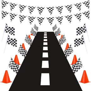 34pack Traffic Cones and Racing Checkered Flags Set-Include 10 Plastic Traffic Cones,20 Checkered Flags With Sticks/ 9.8Ft Checkered Triangle Flags,6.9Ft Racetrack Floor Running Mat for Race Car Party in Saudi Arabia