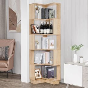 5 Tiers Corner Bookshelf, 68.9" Tall Wooden Corner Bookcase Large Open Bookshelf L-Shaped Storage Display Rack with Fixture for Living Room Bedroom Study Office