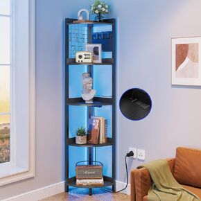 Dripex 5 Tier Corner Shelf with Power Outlets & Strip Lights, 67" Tall Black Corner Bookshelf Corner Plant Stand Storage Shelving Unit for Living Room, Bedroom, Home Small Space