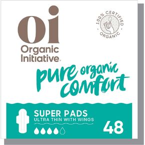 Oi | Organic Initiative - Ultra-Thin Pads with Wings | Super | 100% Certified Organic Cotton, Unscented | Leak Free, Biodegradable | Non-GMO, Toxin Free | 48 Pads