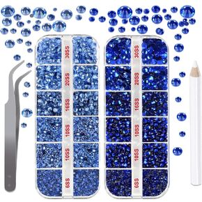 esseelove DIY Hotfix Rhinestones Flatback, Sapphire Blue Hot Fixed Rhinestones, 4832 Pcs, Gem Picker, Tweezer, Bedazzler Kit with Rhinestones, 5 Sizes SS6-SS30