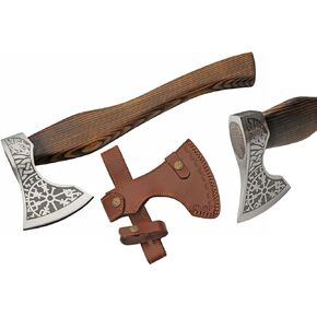SZCO 18" Burnt Ash Wood Handle Nordic Fenrir Viking Axe with Leather Sheath, Brown (882458)