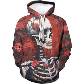 Girren Men's Novelty Skull Graphic Hoodies Rose 3D Printed Sweatshirts Pocket Hooded
