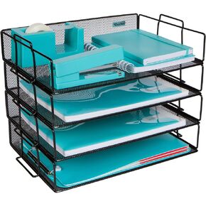 Stackable Paper Tray Desk Organizer – 4 Tier Metal Mesh Letter Organizers for Business, Home, School, Stores and More, Organize Files, Folders, Letters, Paper, Binders