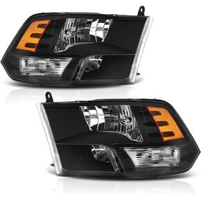 Headlight Assembly Fit For 2009-2018 Dodge Ram 1500, 2010-2018 Dodge Ram 2500 3500 With Factory Quad Style, 2019-2022 Ram 1500 Classic Headlamp Replacement (Black Housing Clear Reflector)