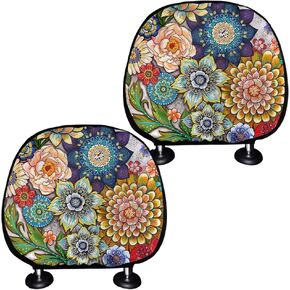 3D Colorful Floral Print Car Truck SUV Van Headrest Covers,Personalized Universal Car Seat Head Rest Protector for Women