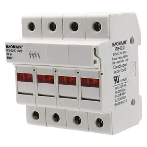 Baomain 4 Pole Cylindrical Fuse Holder, 10 x 38 mm, 32 Amp, 690 VAC, 18 to 8 AWG, 35mm DIN Rail Mount, UR & CE Listed