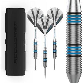 Accudart Steel Tip Dart Set 2.0 - Stainless Steel Finish Barrel - Radial Grooves for Various Grip Options - Polycarbonate Shafts - Standard Shape Flights - Tri Fold Case with Front and Back Entry