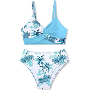 ملابس سباحة للفتيات، ملابس سباحة للمراهقات، بدلات استحمام للمراهقين بنقشة زهور استوائية ونمط متقاطع للفتيات من سن 12 إلى 14 قطعتين in Kuwait