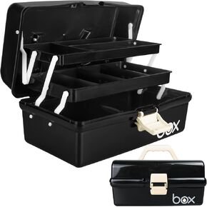 12in Three-Layer Multipurpose Storage Box Organizer Folding Tool Box/Art & Crafts Case/Sewing Supplies Organizer/Medicine Box/Family First Aid Box with 2 Trays (Black)…