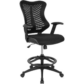 Flash Furniture Waylon High Back Designer Black Mesh Drafting Chair with LeatherSoft Sides and Adjustable Arms
