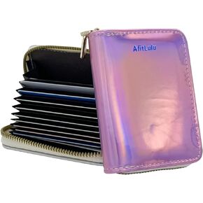 holographic Credit Card Holder for Women, 11 Card Slots with Zipper Card Case Wallet, Slim&Lightweight (Pink)
