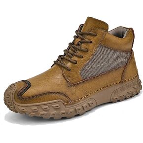 Men's Leather Non-Slip Hiking Sneakers Shoes, Comfort Outdoor Lace-Up High Top Waterproof Cap-Toe Walking Chukka Ankle Boots for Camping & Driving All Season