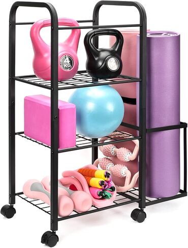Yoga Mat Holder Home Gym Storage Rack Yoga Mat Workout Storage for Foam Roller, Yoga Strap and Resistance Bands, Weight Rack for Dumbbells Workout Equipment Storage Organizer With Wheels in Kuwait