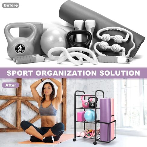 Yoga Mat Holder Home Gym Storage Rack Yoga Mat Workout Storage for Foam Roller, Yoga Strap and Resistance Bands, Weight Rack for Dumbbells Workout Equipment Storage Organizer With Wheels in Kuwait