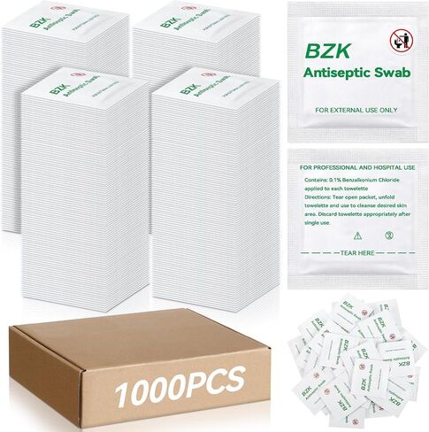 1000 Pcs BZK Wipes 1.18 x 2.36 Inches Benzalkonium Chloride Moist Towelettes Individually Wrapped BZK Swab Disposable Wound Cleaning Wipes Pre Moistened Hand and Body Cleansing Wet Napkins in Saudi Arabia