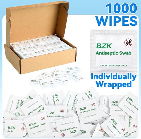 1000 Pcs BZK Wipes 1.18 x 2.36 Inches Benzalkonium Chloride Moist Towelettes Individually Wrapped BZK Swab Disposable Wound Cleaning Wipes Pre Moistened Hand and Body Cleansing Wet Napkins in Saudi Arabia
