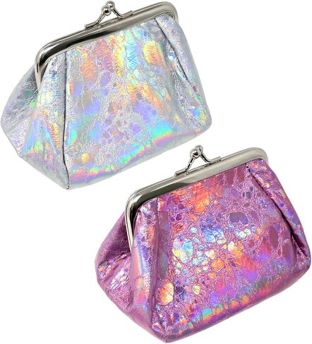 Honbay 2PCS Large Capacity Laser Coin Purse Kiss Lock Change Purse Fashion Trinkets Pouch Hologram Women Wallet Holographic Small Makeup Bag Iridescent Clutch Purse in Saudi Arabia