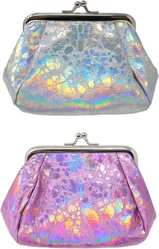 Honbay 2PCS Large Capacity Laser Coin Purse Kiss Lock Change Purse Fashion Trinkets Pouch Hologram Women Wallet Holographic Small Makeup Bag Iridescent Clutch Purse in Saudi Arabia