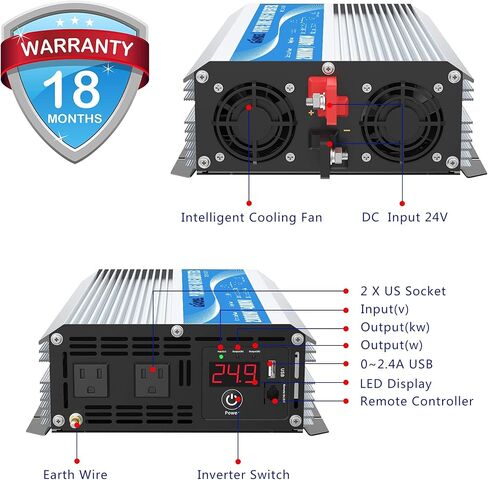 GIANDEL 24 Volt 2000W Pure Sine Wave Power Inverter DC 24V to AC120V with Dual AC Outlets with Remote Control 2.4A USB and LED Display in Saudi Arabia
