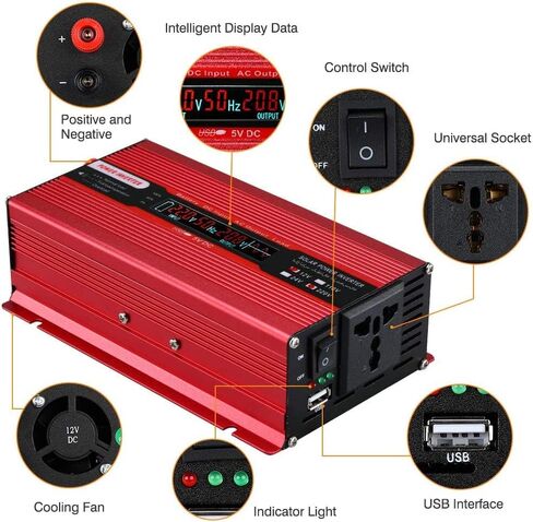 محول طاقة 1500 وات، محول طاقة شمسية للسيارة تيار مستمر 12 فولت إلى تيار متردد 220 فولت محول موجة جيبية USB محول سيارة عاكس خارجي مصدر طاقة في حالات الطوارئ in Kuwait