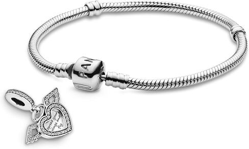 Pandora Jewelry Bundle with Gift Box - Sterling Silver Heart & Angel Wings Dangle Charm with CZ & Moments Sterling Silver Snake Chain Charm Bracelet with Barrel Clasp, 7.1" - Gift for Women in Saudi Arabia