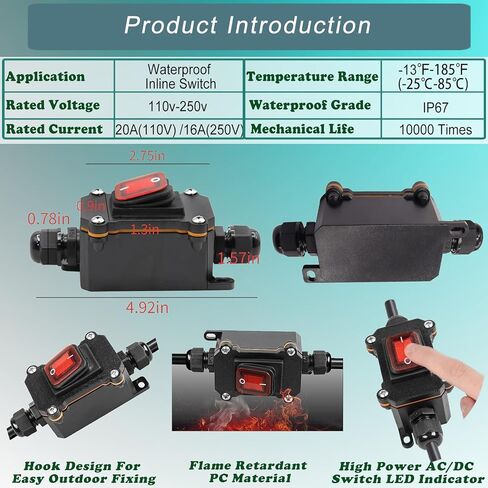 IP67 مفتاح سلك مضمن مقاوم للماء، مفتاح تشغيل/إيقاف خارجي AC 20A/125V 16A/250V مع زر الروك LED الأحمر، مفتاح مصباح الطاقة المضمن، مفتاح خارجي ثنائي الجانب للدخول والخروج in Kuwait