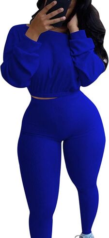 MRSYVES Women 2 Piece Outfits Tracksuit Sexy Long Sleeve Pullover Ribbed Crop Top in Saudi Arabia